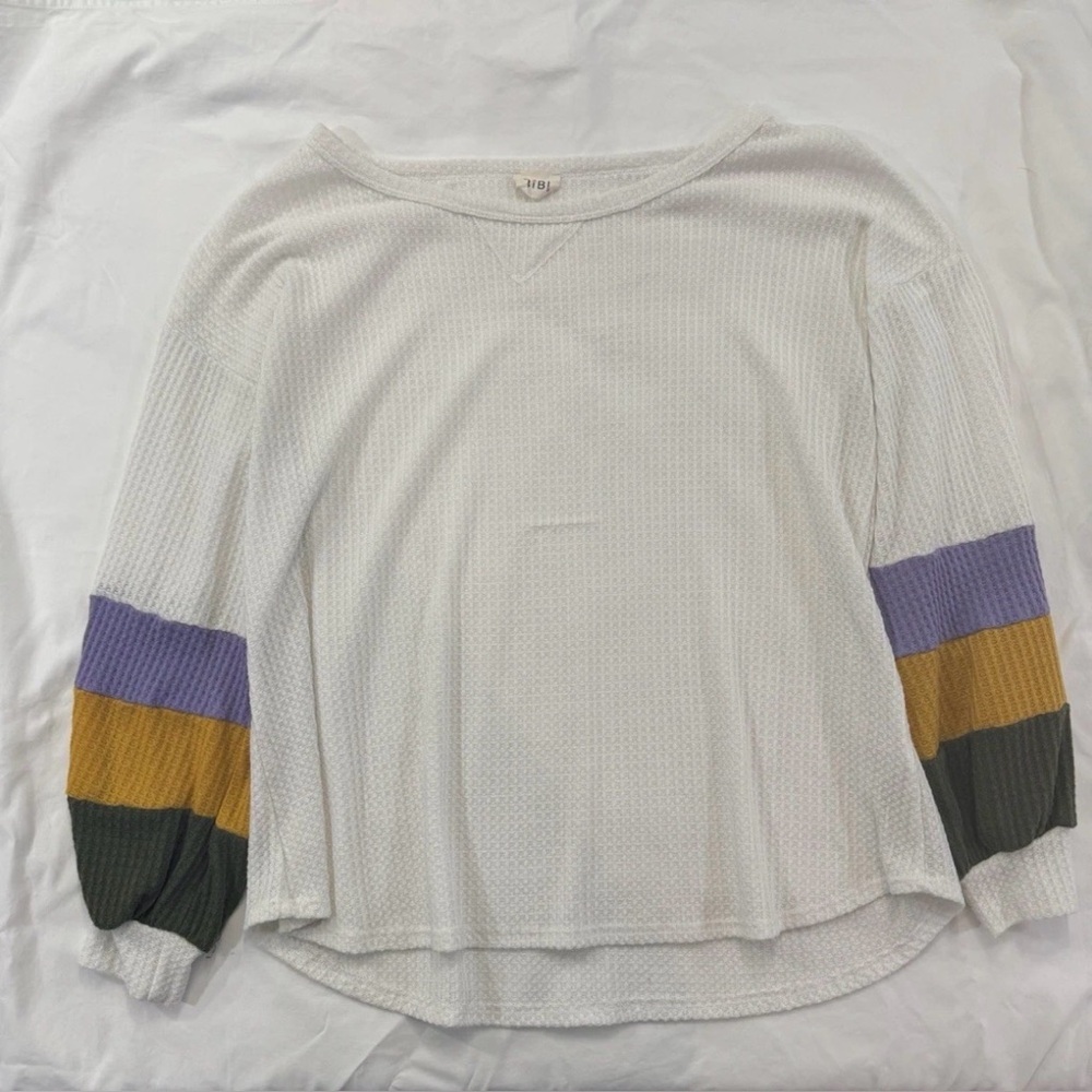 Bibi Waffle Knit Top Womens Size L White Multicolored Long Sleeves Mardi Gras